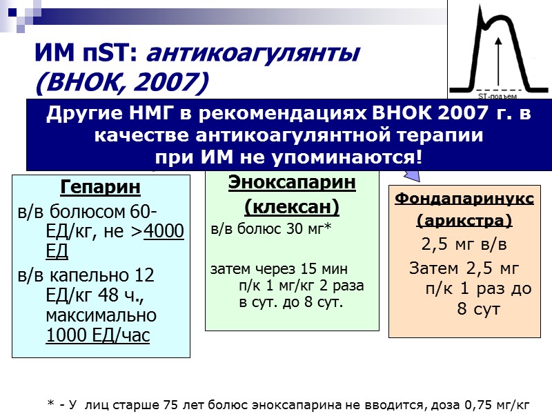 ИМ пST: антикоагулянты (ВНОК, 2007) Гепарин в/в болюсом 60-ЕД/кг, не >4000 ЕД в/в капельно